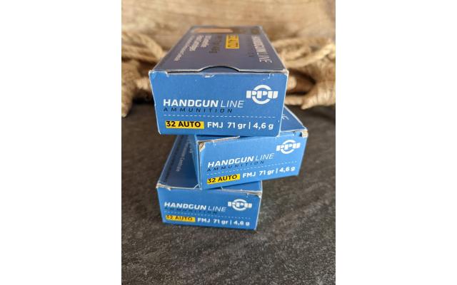 150 Rounds of PPU 71Gr. 32Auto FMJ Ammunition