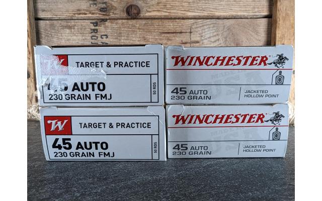 200 Rounds of Winchester .45ACP 230Gr Target & HP Ammo