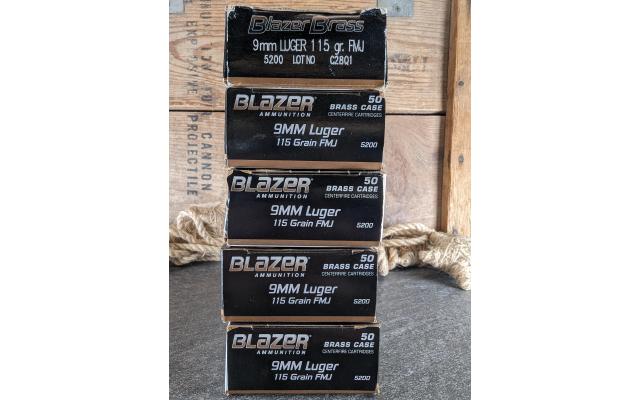 250 Rounds of Blazer Brass 115Gr Brass Cased Target Ammo