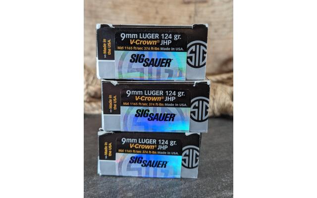 150 Rounds of Sig Sauer V-Crown JHP 9mm Ammo