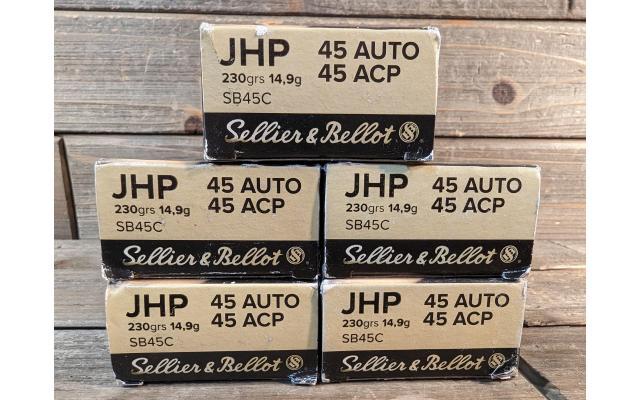 250 Rounds of Sellier & Bellot 230Grain .45ACP JHP Ammo