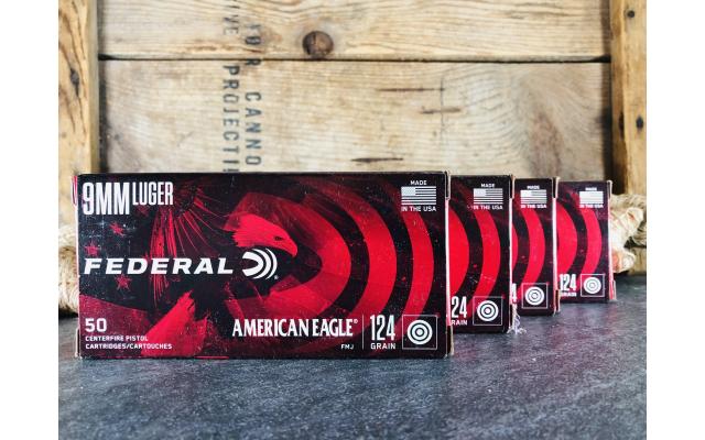 200 Rounds of Federal American Eagle 9mm 124gr FMJ Ammunition
