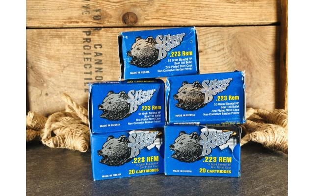 100 Rounds of Silver Bear .223Rem 55gr Bimetal HP Steel Case Ammunition