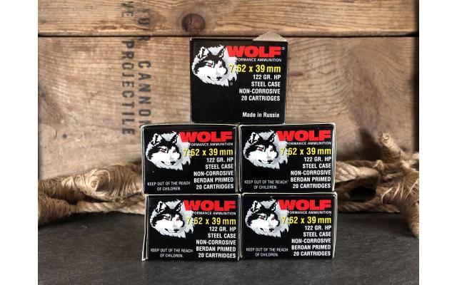 100 Rounds of Wolf 7.62x39 122GR Hollow Point Ammunition