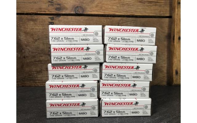 200 Rounds of Winchester 7.62x51 M80 149gr FMJ ammunition