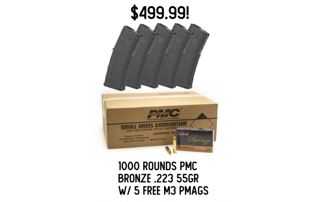 1000 Rounds of PMC Bronze .223 55 Grain with 5 FREE M3 PMAGS